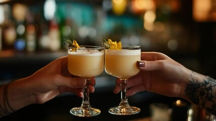 Elegant cocktail toast celebrating friendship and special moments at a stylish bar venue
