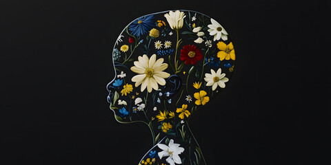 Child Profile Silhouette Filled with Colorful Flowers on Dark Background