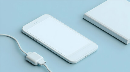 Minimalist Workspace: White Smartphone with Charging Cable and Notebook on Blue Background