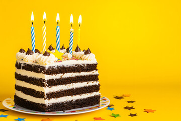 Chocolate Layer Cake with Lit Candles on Yellow Background