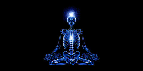 Blue Skeleton in Lotus Meditation Pose, Glowing Energy, Black Background