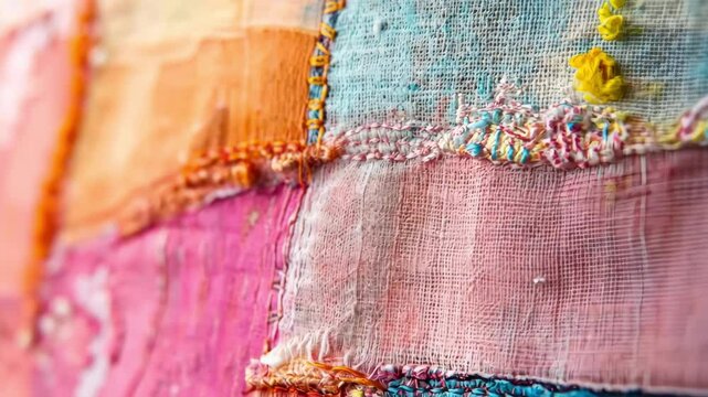Abstract colorful patchwork design with textile and embroidery, texture background.