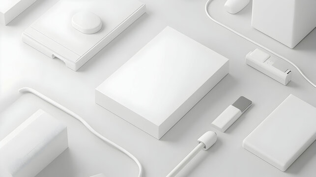 Monochromatic still life featuring a collection of minimalist, white technology products
