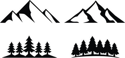 A black and white image showcases striking silhouettes of mountains and pine trees, creating a dramatic and minimalist natural landscape scene.