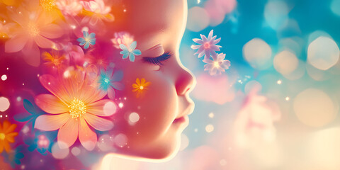 Baby's Profile Surrounded by Pastel Flowers, Dreamy and Serene Close up Portrait