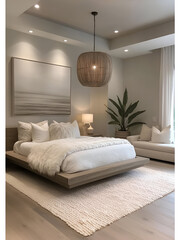 A clean and contemporary bedroom with a floating bed, neutral tones, and a calm atmosphere