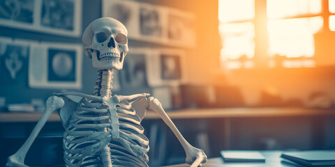 Anatomical Skeleton Model on Desk in Sunlit Classroom