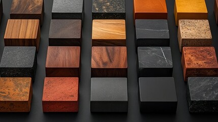 Square samples of various materials, arranged in grid pattern