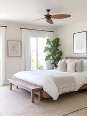A clean and contemporary bedroom with a floating bed, neutral tones, and a calm atmosphere