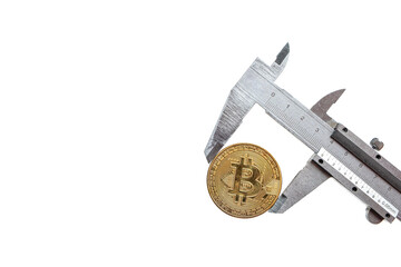 Vernier caliper with golden bitcoin coin on white background.