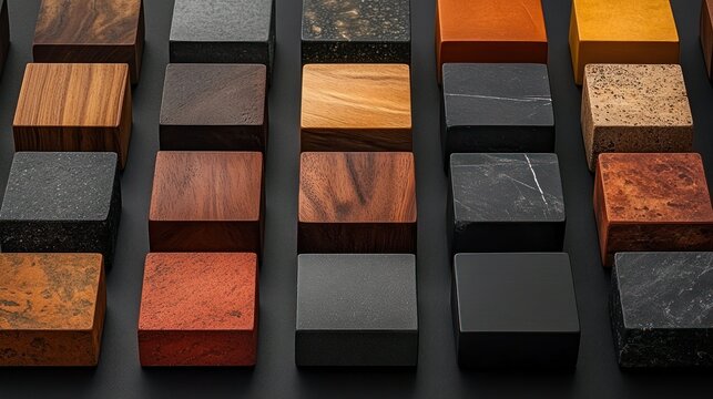 Square samples of various materials, arranged in grid pattern