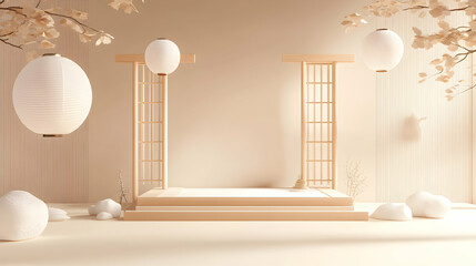 Zen-inspired presentation stage featuring paper lanterns and floral branches, neutral tones