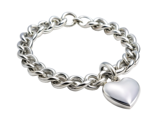  Silver chain bracelet with a heart charm isolated on white background, PNG