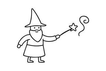Cute lineart wizard cartoon character with magic wand