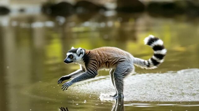 Lemur leaps across tranquil water, creates dynamic ripples and reflections in its habitat