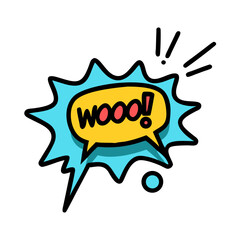 A vibrant cartoon illustration of a comic book style speech bubble exclaiming Wooo with an exclamation point