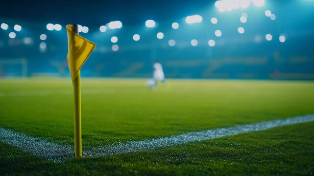 Nighttime Football Stadium Corner Kick Scene with Floodlights and Player