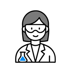 A female scientist wearing safety goggles and a lab coat with a beaker