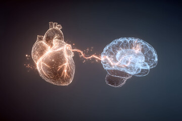 Abstract Digital Art of Connected Heart and Brain Glowing with Light Particles on Dark Background