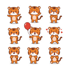 Obraz premium Cute Tiger Character Engaged in Different Activity Vector Set