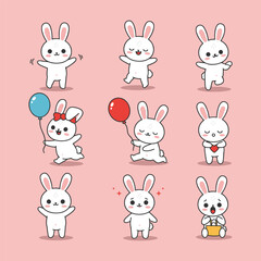 Cute Rabbit Character Engaged in Different Activity Vector Set