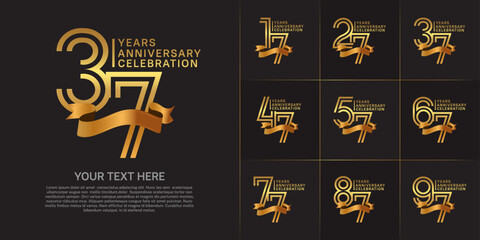Anniversary logo type set with double line number. golden color with gold ribbon for celebration event