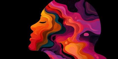 Abstract Colorful Female Profile Portrait with Swirls and Waves