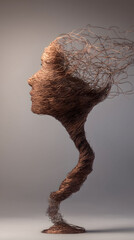 Abstract Brown Metallic Sculpture Disintegrating into Pixels