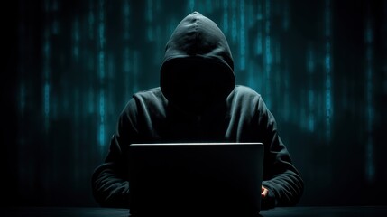 Hooded hacker typing laptop in dark room cybersecurity awareness digital environment suspenseful viewpoint