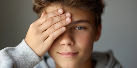 Fototapeta premium Smiling caucasian teen boy covering eye with hand in casual hoodie