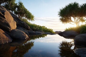 Tranquil sunset reflections in tropical natural pool surrounded by rocks and lush foliage