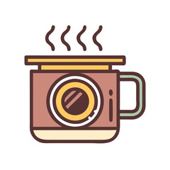 A steaming mug of hot beverage with a unique cameralike design element