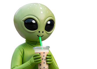 An alien figure in a green suit drinking bubble tea with a green straw against a black background