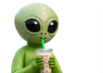 An alien figure in a green suit drinking bubble tea with a green straw against a black background