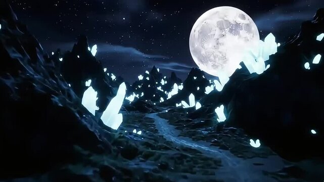 A wide fantasy landscape with rolling hills and glowing lights under a full moon. A peaceful and surreal view.