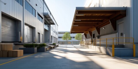 Modern industrial loading dock with sunlit architecture in urban setting