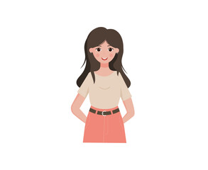 Cute smiling woman. Fashionable girl. Cartoon style. Vector illustration