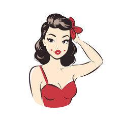 Vintage Pinup Girl Illustration Red Dress Bow Retro Style Woman