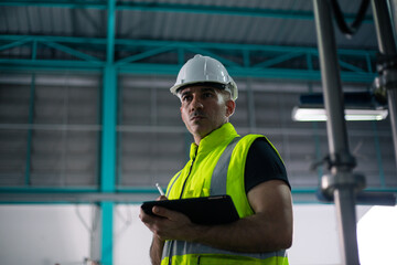 An industrial engineer wearing a safety helmet and reflective vest is standing inside a factory...