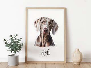 Weimaraner Dog Portrait Print: Minimalist Pet Art in Light Wood Frame