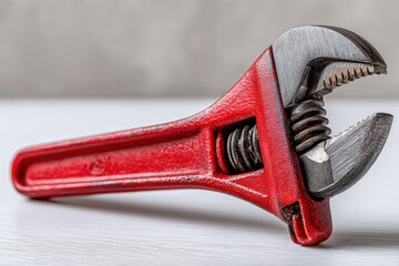 Obraz premium Close-up of a sturdy, red adjustable wrench, a versatile tool used for tightening nuts and bolts in various mechanical and plumbing applications, isolated on white.