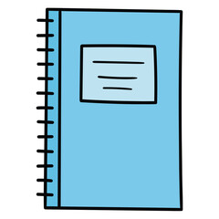 Hand drawn cartoon closed blue notebook on white background.