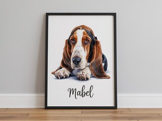 A Watercolor Portrait of a Basset Hound:  Elegant Canine Art in a Black Frame