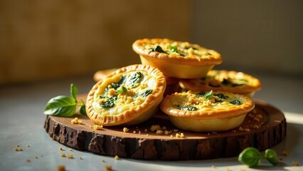 A delectable stack of golden-brown mini quiches, filled with creamy spinach and a crunchy topping, artfully arranged on a rustic wooden board, bathed in warm, inviting sunlight.