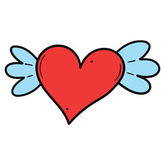 Hand drawn cartoon red heart with wings on white background.