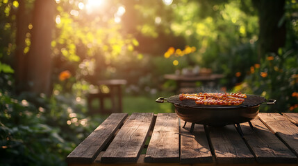summer time in backyard garden with grill BBQ, wooden table, blurred background