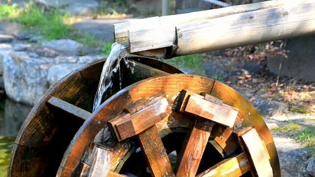 Rustic Wooden Water Wheel Mechanism in Garden Setting