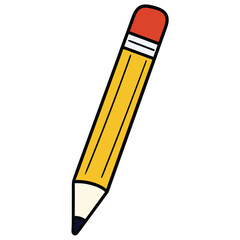 Hand drawn cartoon yellow pencil with eraser on white background.