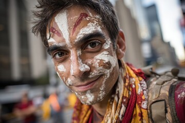 A close-up of a smiling man with traditional face paint during a cultural celebration, wearing a colorful scarf and backpack, in an urban setting with city buildings.