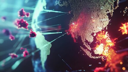 Digital animation displaying a virus spreading across a virtual world globe - Powered by Adobe